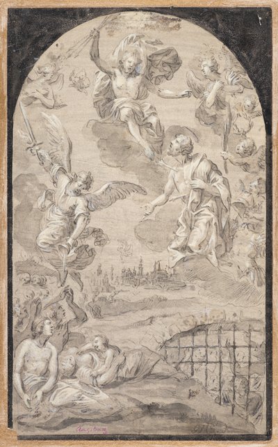 Pyhä rukoilee Kristuksen kanssa, ettei hän heittäisi salamaa Augsburgin kaupunkiin tekijältä Johann Georg Melchior (1625 1705) Schmittner