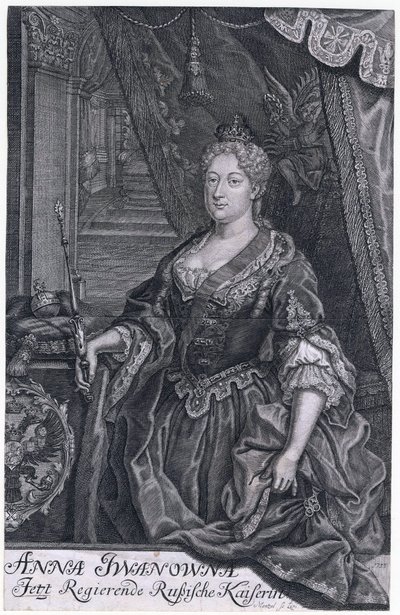 Anna Ivanovna oli Venäjän keisarinna 30.1.1730-29.10.1740. - Keisarinna Anna Ioannovnan (1693-1740) muotokuva - Mentzel (Menzel), Johann Georg (1677-1743) - 1733 - Kuparikaiverrus - 02. 6 - Yksityinen kokoelma tekijältä Johann Georg Menzel