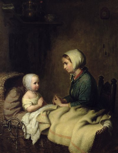 Pieni tyttö sanoo rukouksensa sängyssä tekijältä Johann Georg Meyer von Bremen