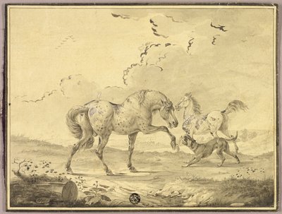 Kaksi hevosta taistelevat koira tekijältä Johann Georg Pforr