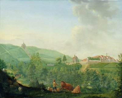 Weissensteinin linna, lähellä Kasselia (Wilhelmshoehe), 1778 tekijältä Johann Georg Pforr