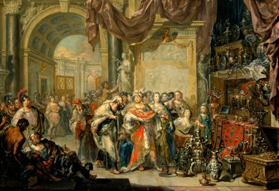 ""Cresus (596-546 avant JC) montre ses tresors a Solon (640-558 av. JC)" - Croesus ja Solon - Öljy kuparille, kirjoittanut Johann Georg Platzer (1704-1761) - Valtion taidegalleria, Dresden tekijältä Johann Georg Platzer