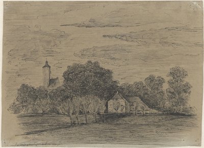 Maisema maatilalla ja tornilla tekijältä Johann Georg Schwartze (possibly)