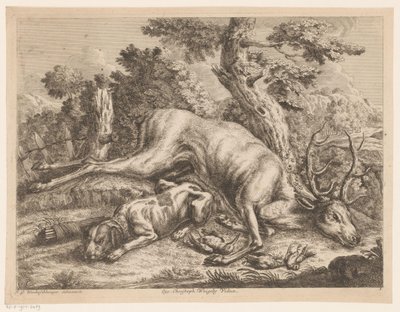 Metsästyskoira ja saalis peurojen ja lintujen kanssa Metsästyssaappaat (sarjan nimi) tekijältä Johann Georg Wachsschlunger