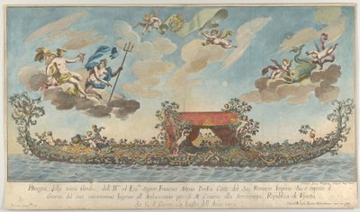 Francesco Antonio Berkan erittäin koristeltu kolmas gondoli saapumassa Venetsiaan, Gods on cl..., 1700. tekijältä Johann Georg Wolfgang