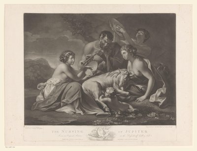 Jupiter gezoogd door de geit Amalthea Jupiterin hoito (otsikko esineessä) tekijältä Johann Gerard Huck