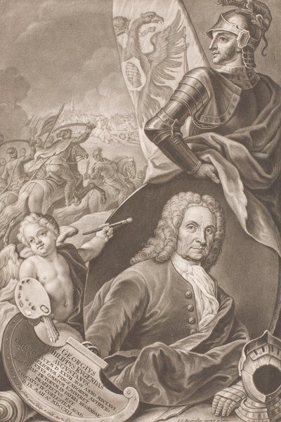 Taidemaalari Georg Philipp Rugendasin rintakuva taistelukohtauksella taustalla tekijältä Johann Gottfried Haid