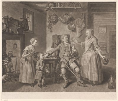 Muotokuva näyttelijä David Garrickista kotiin palaavan maanviljelijän roolissa tekijältä Johann Gottfried Haid