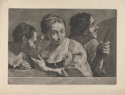 Kaksi naista kuuntelemassa lintua ja mies pitelee asetta tekijältä Johann Gottfried Haid