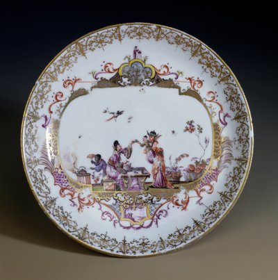 Saksalainen taide: Meissenin posliini. Chinoiserie edustaa teetä juovia aasialaisia hahmoja. Johann Gregor Hoeroldtin (tai Herold 1696-1775) koristeltu lautanen, noin 1730. Paris, Decorative Arts tekijältä Johann Gregor Herold