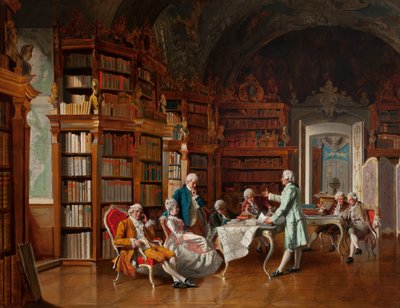 Kirjastokohtaus, 1800-luvun loppu (öljy paneelille) tekijältä Johann Hamza