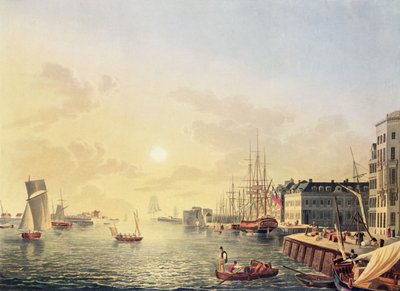 Näkymä satamaan ja satamaan Le Havressa, 1800-luvun alku (värikaiverrus) tekijältä Johann Heinrich (after) Luttringshausen