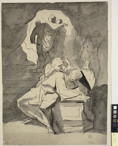Mies epätoivoisena luolassa olevan hautakiven yli muiden hahmojen kanssa tekijältä Johann Heinrich Füssli