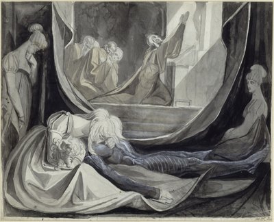 Kriemhild valvoo Siegfriedin ruumiin äärellä tekijältä Johann Heinrich Füssli