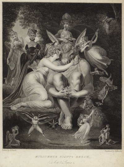 Titania suutelee Bottomia Kesäyön unessa tekijältä Johann Heinrich Füssli