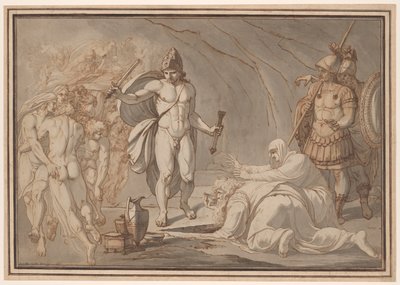 Odysseus kohtaa Haadeksen ovilla Tiresiaksen ja Antikleen varjot tekijältä Johann Heinrich Lips