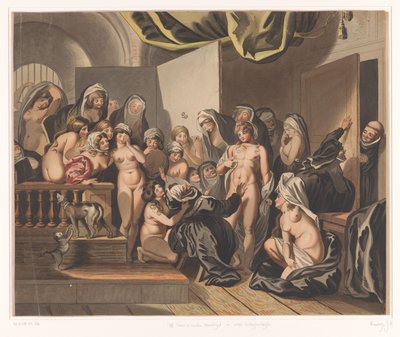Abdes löytää nuoren miehen pukeutumattomien nunniensa joukosta tekijältä Johann Heinrich Ramberg