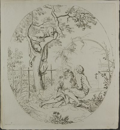 Parrakas mies vakoilee rakastavaisia arborin alla tekijältä Johann Heinrich Ramberg