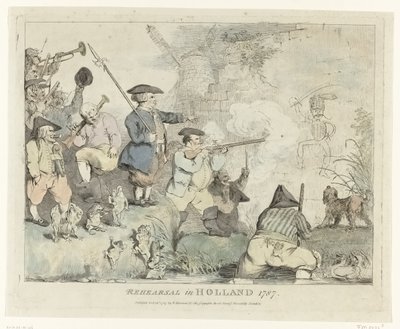 Harjoitus Harjoitus Hollannissa 1787 (otsikko esineessä) Neljä englantilaista sarjakuvaa Patriotsista vuonna 1787 (sarjan nimi) tekijältä Johann Heinrich Ramberg