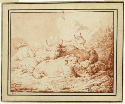 Nautakarja ja lampaat paimenen kanssa kivisessä maisemassa tekijältä Johann Heinrich Roos
