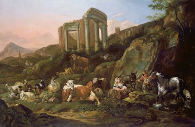 Maatilan eläimiä klassisessa maisemassa, 1684 tekijältä Johann Heinrich Roos