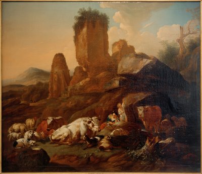 Ruhende Hirtin und Vieh tekijältä Johann Heinrich Roos