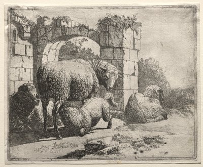Lampaat lähellä kaaren raunioita, 1665. tekijältä Johann Heinrich Roos