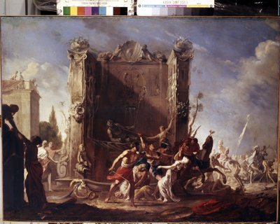 Sabine-naisten raiskaus. Johann Heinrich Schoenfeldin (1609-1684) maalaus. Öljy kankaalle, 98,5 x 134 cm, noin 1630-1640. Saksalaista taidetta, barokkitaidetta. Eremitaaši, Pietari. tekijältä Johann Heinrich Schonfeldt