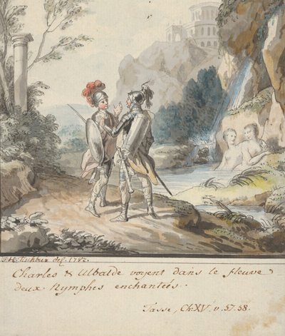 Carlo ja Ubaldo vastustavat Torquaton Armidan nymfien lumoa..., 1782. tekijältä Johann Heinrich Tischbein