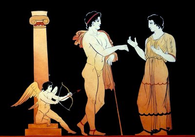 Eros tähtää nuolellaan puhuvaa nuorta paria n. 1796 (Kuparilevykaiverrus) tekijältä Johann Heinrich Wilhelm Tischbein