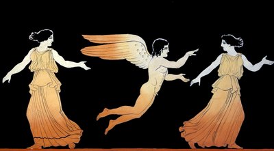 Eros jahtaa kahta naista n. 1796 (kuparilevykaiverrus) tekijältä Johann Heinrich Wilhelm Tischbein