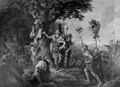 Hermann juhlii voittoa taistelun jälkeen Teutoburgin metsässä tekijältä Johann Heinrich Wilhelm Tischbein