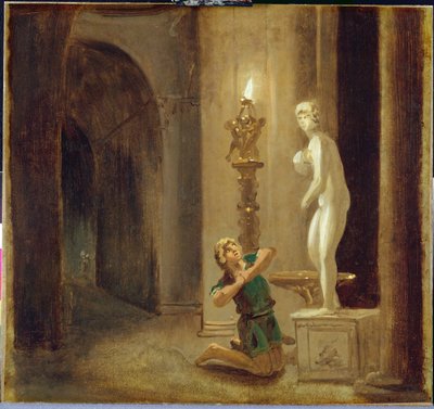 Pygmalion ennen Venuksen patsasta, n. 1800 (öljy paperille) tekijältä Johann Heinrich Wilhelm Tischbein