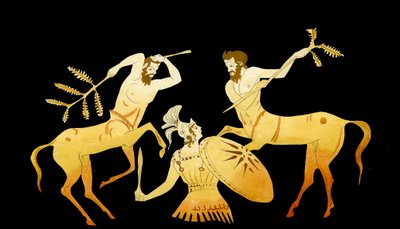 Theseus taistelee kentaureja vastaan Pirithoksen häissä Hippodamiaan, noin 1796 (kuparikaiverrus). tekijältä Johann Heinrich Wilhelm Tischbein