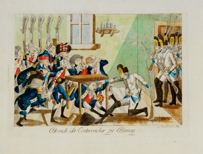 Itävaltalaiset sotilaat yllättävät ranskalaisen osaston sen majapaikassa Bavaissa ... (kaiverrus). tekijältä Johann Hieronymus Loeschenkohl