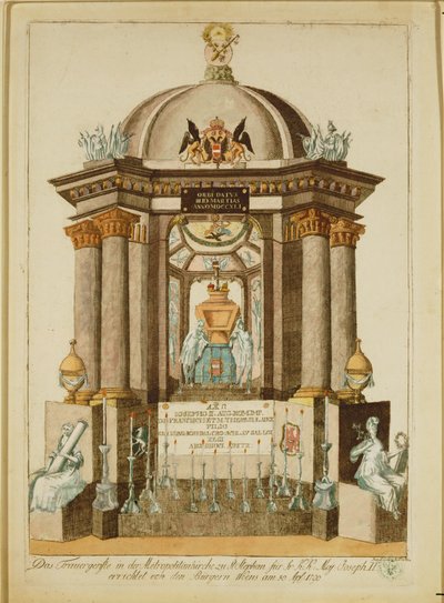 Wienin asukkaiden pystyttämä hautamuistomerkki (Castrum Doloris) keisarille pidettyä requiem-messua varten (kaiverrus). tekijältä Johann Hieronymus Loeschenkohl
