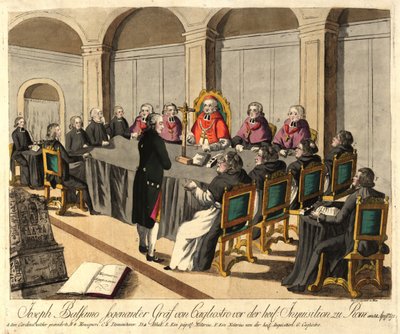 Joseph Balsamo, kreivi de Cagliostro, ennen inkvisitiota Roomassa 14. huhtikuuta 1791 1791. tekijältä Johann Hieronymus Loeschenkohl