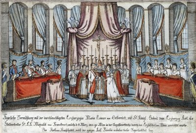 Marie-Louise meni naimisiin Napoleonin kanssa valtakirjalla Wienissä, arkkiherttua Kaarle Napoleonin sijaisena - Loeschenkohl, Johann Hieronymus (1753-1807) - 1810 - Etsaus, akvarelli - 33,4x44,5 - Yksityiskokoelma tekijältä Johann Hieronymus Loeschenkohl