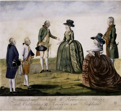Katariina II:n ja Joosef II:n tapaaminen Dneprillä ma... (värikaiverrus) tekijältä Johann Hieronymus Loeschenkohl