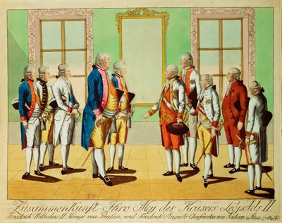 Keisari Leopold II:n tapaaminen Preussin kuningas Friedrich-Wilhelm III:n ja Saksin vaaliruhtinas Friedrich Augustin kanssa Pilnitzin linnassa ... (kaiverrus). tekijältä Johann Hieronymus Loeschenkohl