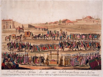 Sulttaani Selim III:n (1761-1808) tulo sapelin ympärille 13. huhtikuuta 1789 - Loeschenkohl, Johann Hieronymus (1753-1807) - 1789 - Etsaus, akvarelli - 38,6x50,2 - Yksityiskokoelma tekijältä Johann Hieronymus Loeschenkohl