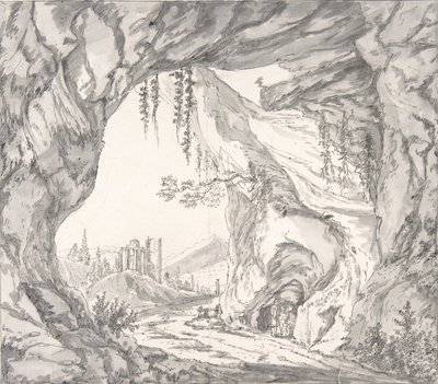 Vuoristoinen maisema, jossa on linnan rauniot ja kolme miestä luolassa..., 1700-luvun loppu - 1800-luvun alku. tekijältä Johann Huber