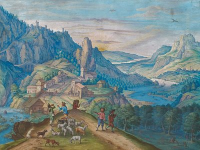 Vuoristomaisema illalla jokilaaksoineen ja hahmoineen, 1640. tekijältä Johann Jacob Besserer