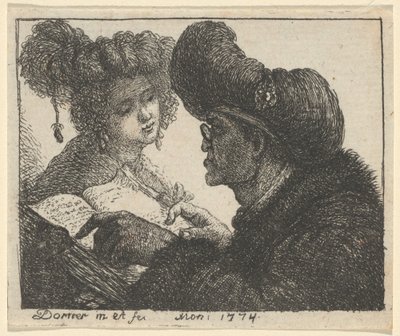 Mies turbaanissa lukemassa nuorelle naiselle tekijältä Johann Jakob Dorner the Elder
