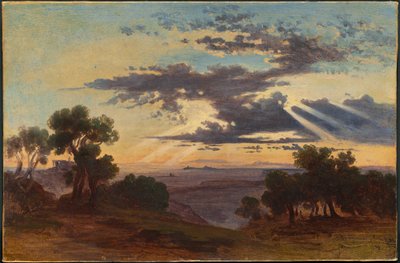 Aurinko murtautuu pilvien läpi roomalaisen Campagnan yläpuolella tekijältä Johann Jakob Frey