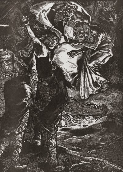 Macbeth ja Banquo tapaavat kolme noitaa, 1900-luku (kaiverrus) tekijältä Johann Joseph Aarts