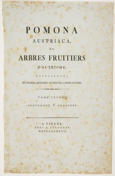Nimisivu julkaisusta "Pomona Austriaca, eli Itävallan hedelmäpuut", 1787-96 (painettu) tekijältä Johann Kraft