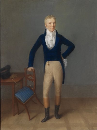 Täyspitkä muotokuva vaaleatukkaisesta herrasmiehestä ratsastusasussa, nojaten tuolin selkänojalle tekijältä Johann Lorenz Kreul