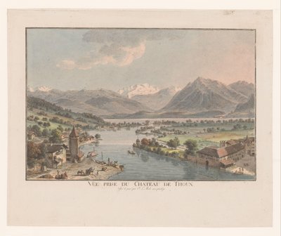 Näkymä Thun-järvelle Thunin linnasta Vue prize du chateau de Thoun (otsikko esineessä) tekijältä Johann Ludwig Aberli