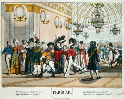 Helmikuun naamiaistanssit, helmikuun kalenterikuva, julkaistu Nürnbergissä, noin 1830 (värillinen kaiverrus). tekijältä Johann Michael (after) Voltz
